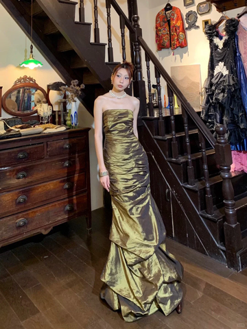 Vintage Mermaid Strapless Pleated Green Satin Prom Dress Evening Dress HZ1023